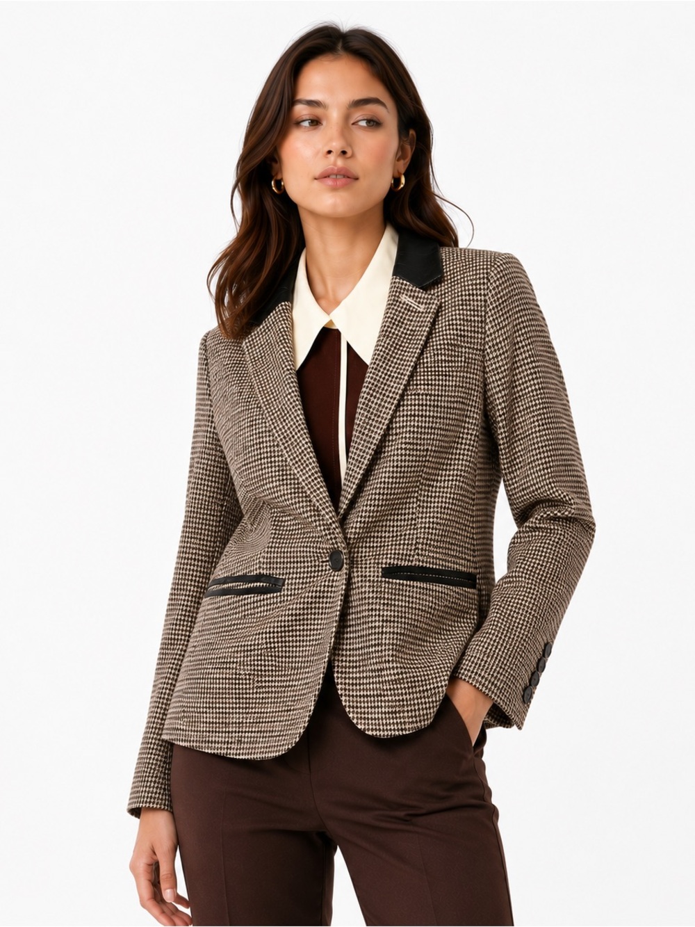 Club Monaco Houndstooth Leather Collar Blazer Tailored Career Jacket - Picture 4 of 7
